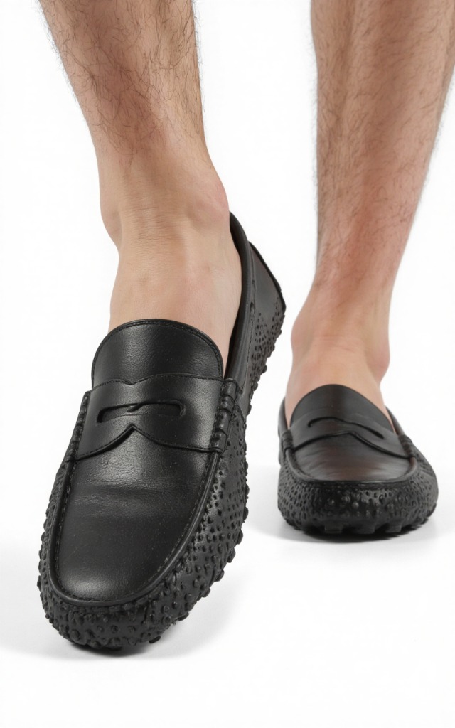 A male model wearing Driving shoes with rubber nubs, against a white background, with a close   up of the feet